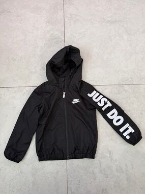 Nike Black Jacket with White Swoosh and Sleeve Text